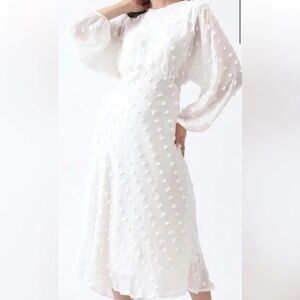 Chicwish White Textured Midi Dress with Puff Sleeves